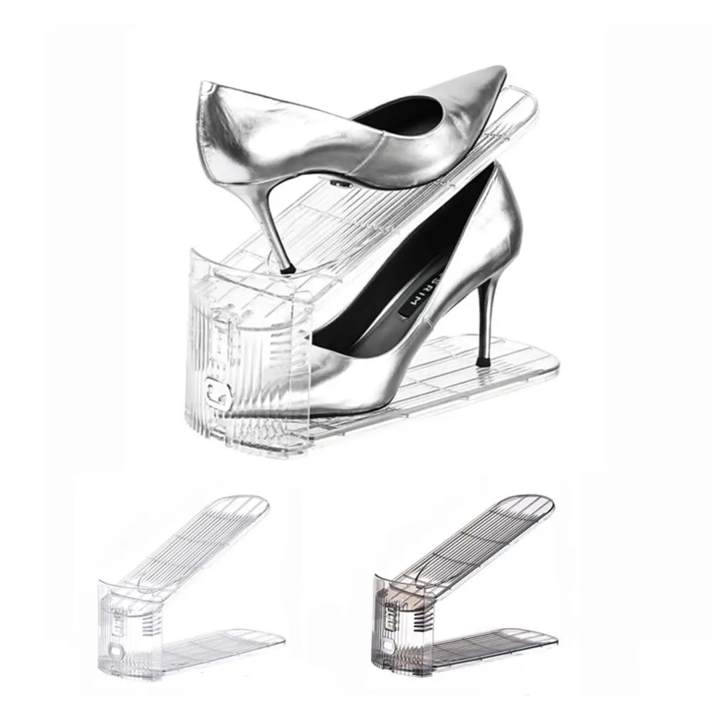 

2Pcs Transparent Double Layer Shoe Rack Adjustable Heights Anti-slip Shoes Storage Rack Space Saving Plastic