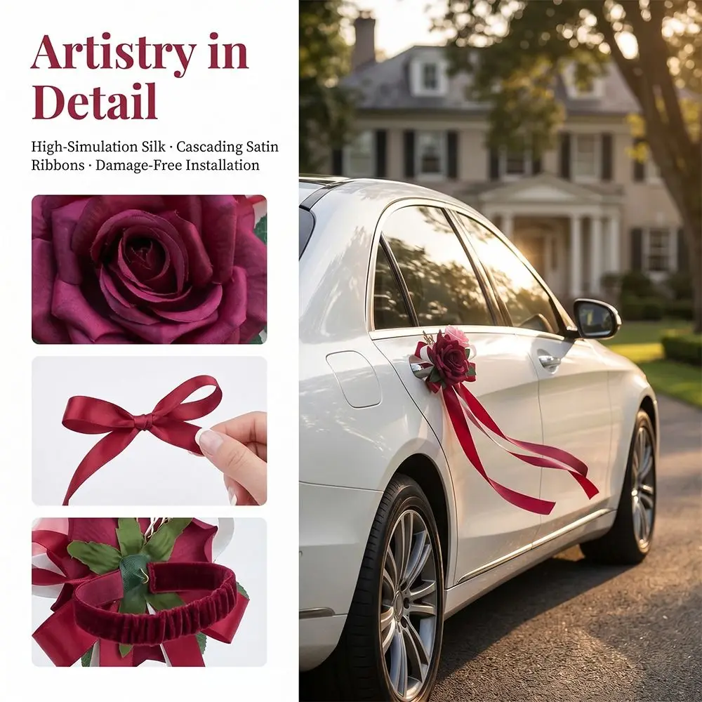 Retro Bow Wedding Car Decoration Luxury Wedding Party Door Handle Decoration Flower Decoration Simulation Flower