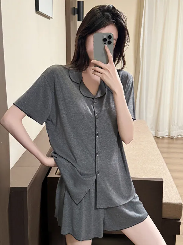 Gray Modal Summer Sleepwear Women's Short Sleeve Lightweight Casual Home Clothes Set with Chest Pad Comfortable Breathable