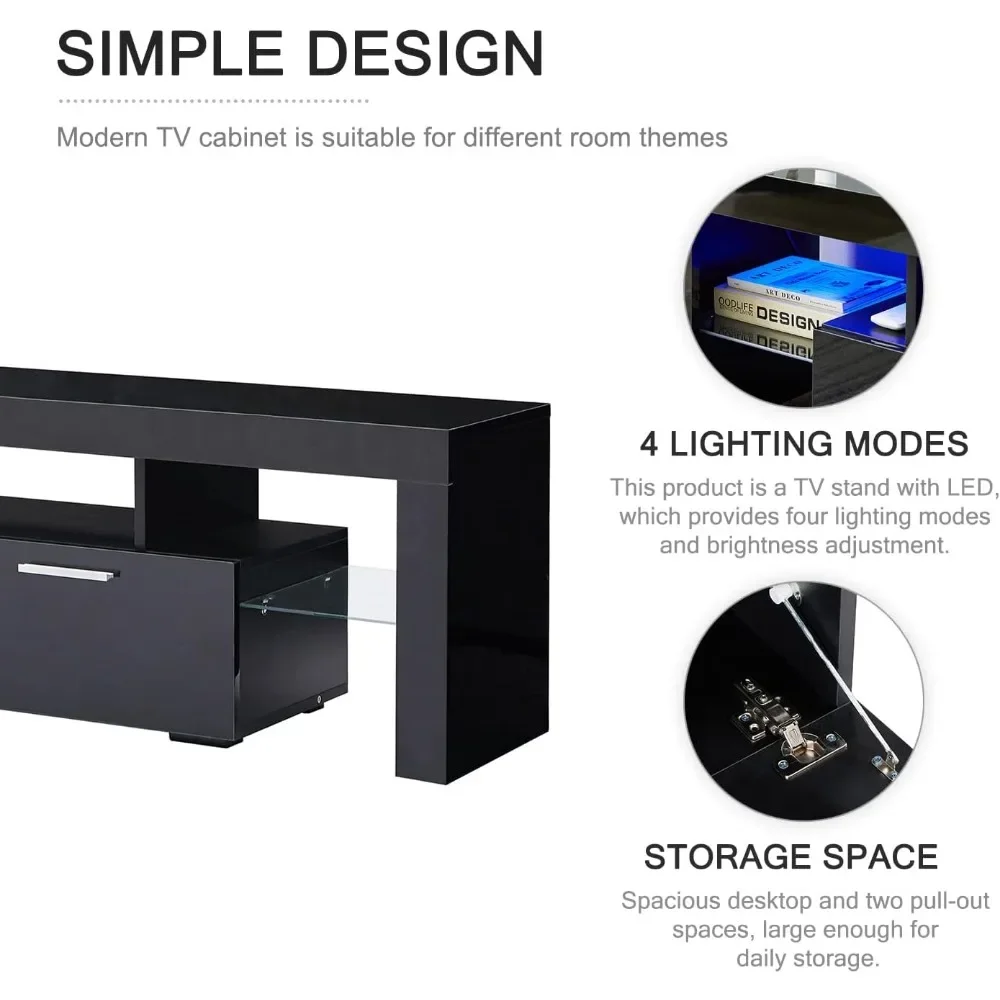 LED TV Stand para 75 Polegada TVs, Console Table, High Gloss, Centro de Entretenimento com gaveta de armazenamento, TV Stands