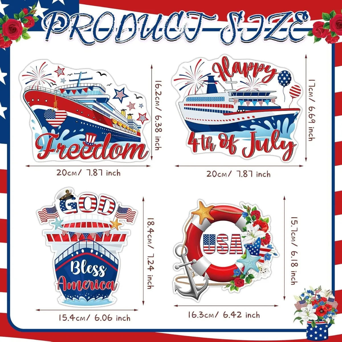 16Pcs July 4th Cruise Door Decorations, Car & Fridge Magnets, Patriotic Stickers for Independence Day & Cruise Party Supplies