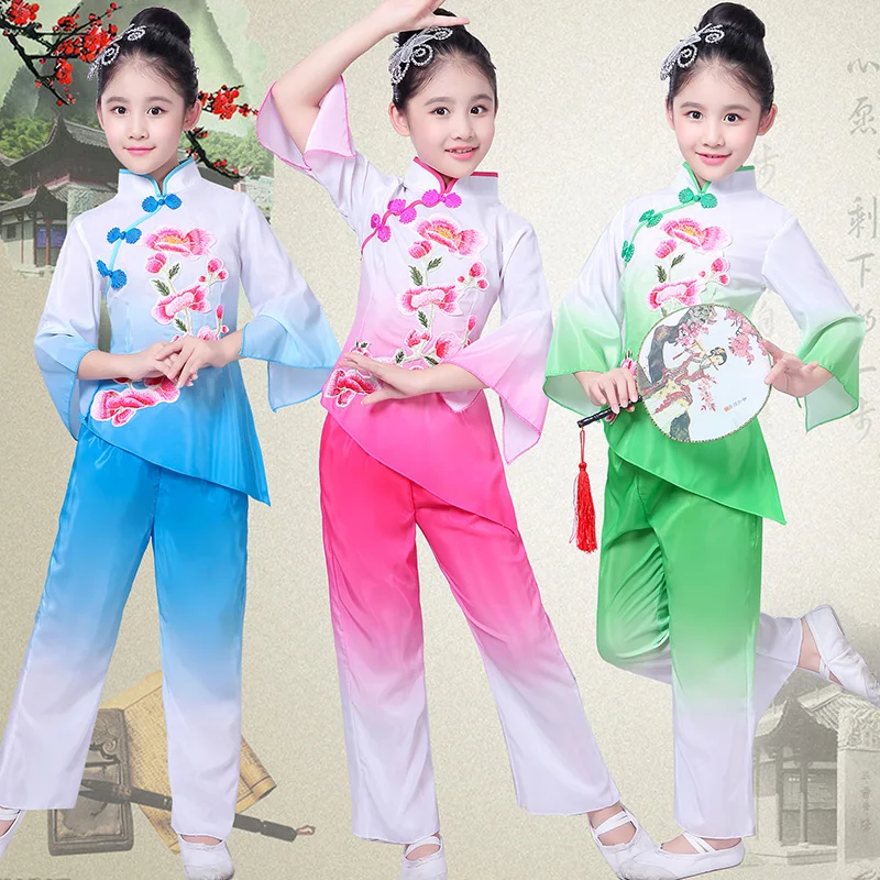 Girls children\'s classical dance high quality embroidery elegant costumes fan dance costume Jiangnan umbrella hanfu Dance wear