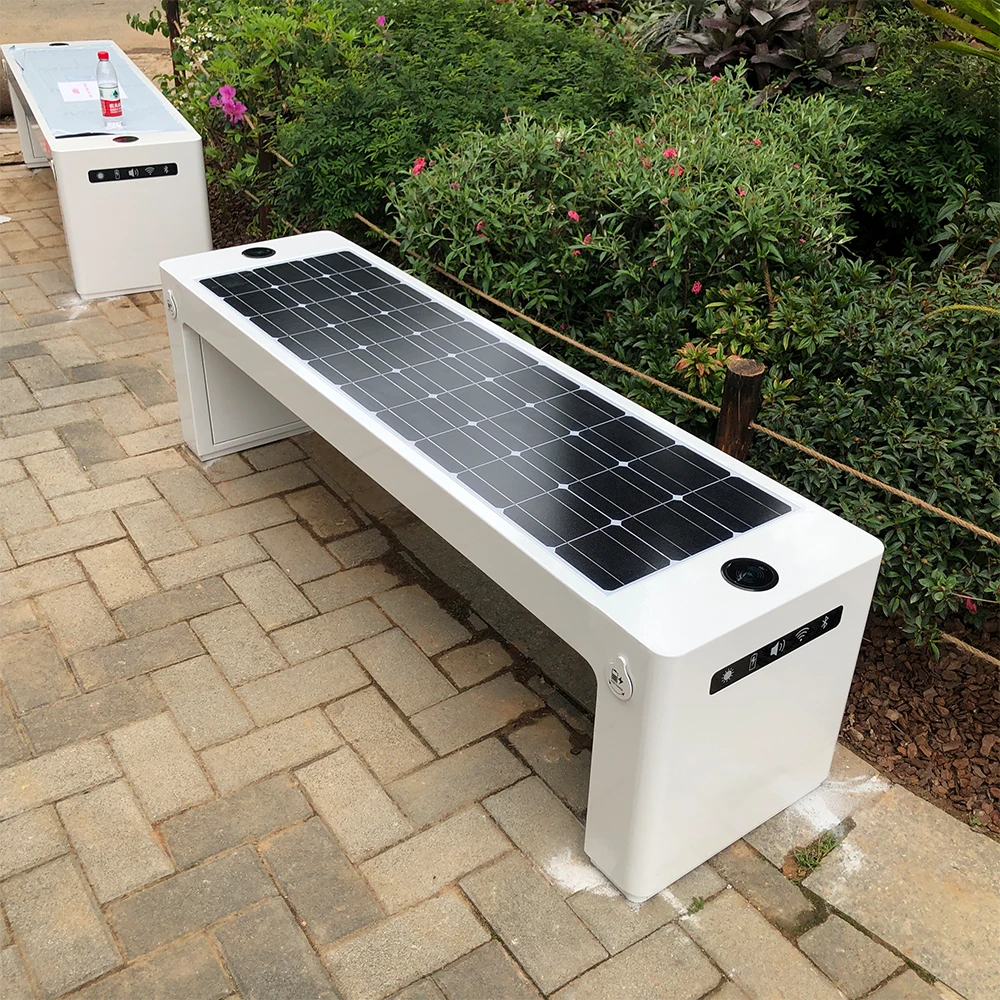 Outdoor Solar Smart Bench With Phone Charging Capability Ambient Lighting Temperature Sensors And Steel Frame