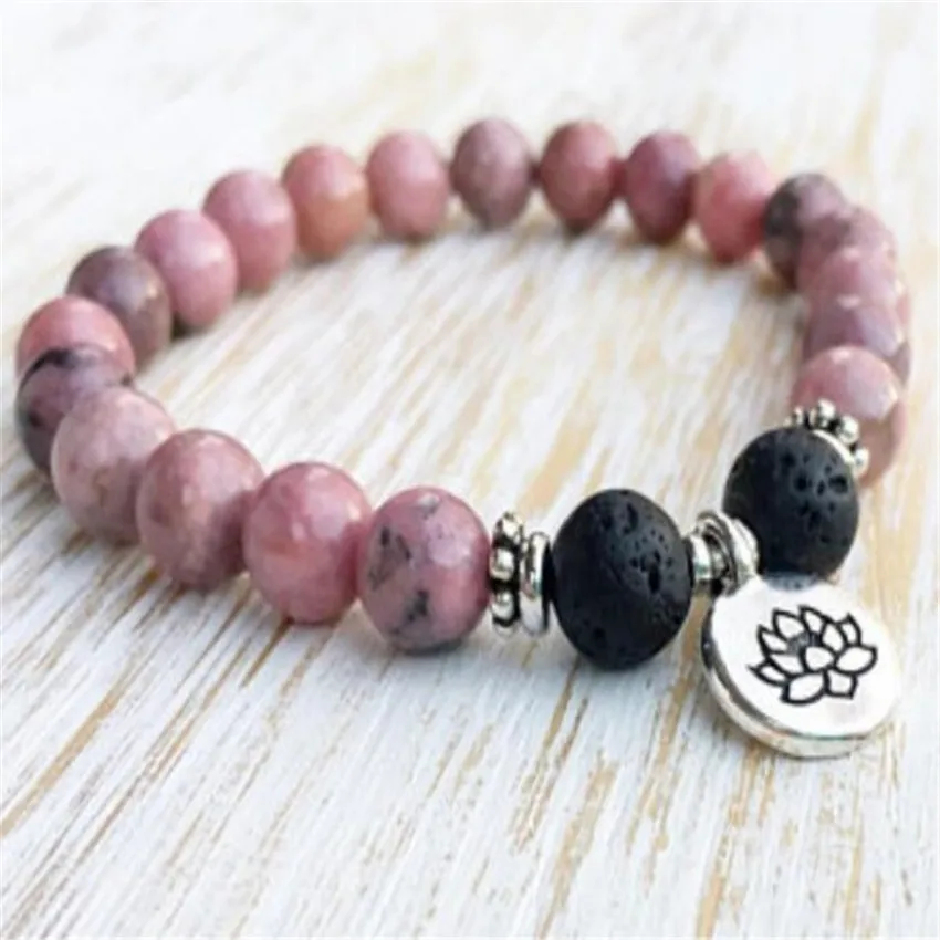 Bracelet Mala en Rhodonite de 8mm, Pendentif de Bouddha Annie, Manchette Artisan Unique Écologique, Ajustable, JOPrayer