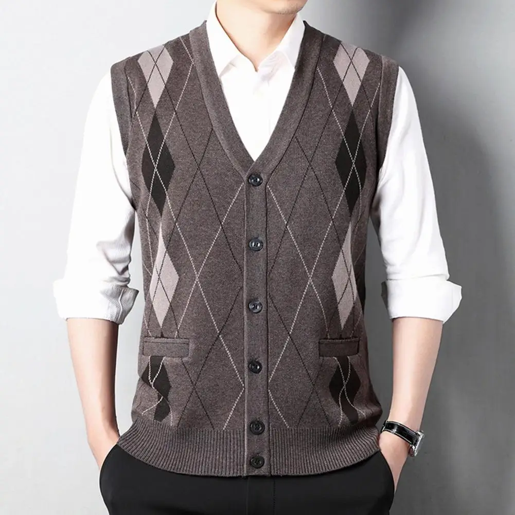 

Autumn Winter Men Cardigan Sweater Single-breasted V Neck Sleeveless Buttons Stretchy Pockets Knitted Vest Mid-aged Male Top