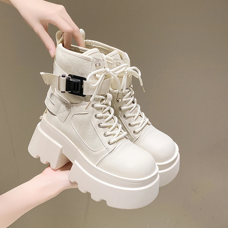 Women\'s High Platform Motorcycles Boots Autumn Spring 7.5CM Heels Ankle Boots Female Chunky Sneakers Winter Leather Shoes Woman