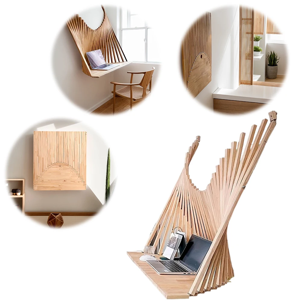 Opklapbaar bureau Wandgemonteerde onzichtbare computertafel Modieuze computerklaptafel Massief houten opvouwbaar computerbureau