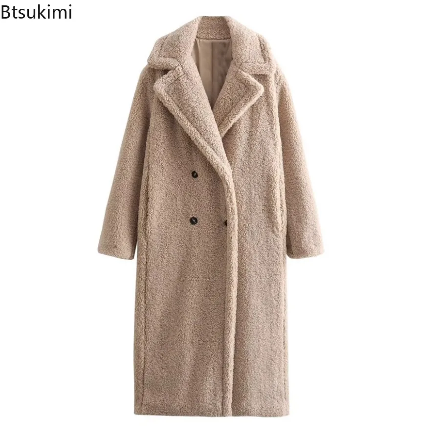 Women Teddy Fleece Long Overcoat Shawl Lapel Double Breasted Long Sleeve Pocket Thick Warm Elegant Vintage Streetwear Outerwear