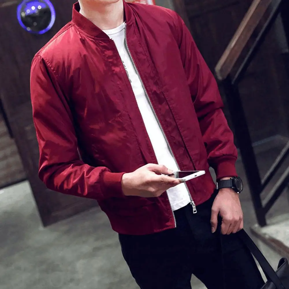 Fashion Bomber Jacket Solid Stand Collar Zipper Jacket Men Windbreaker Zip Up Sports Coat Cardigan Spring Jacket Men Overcoat