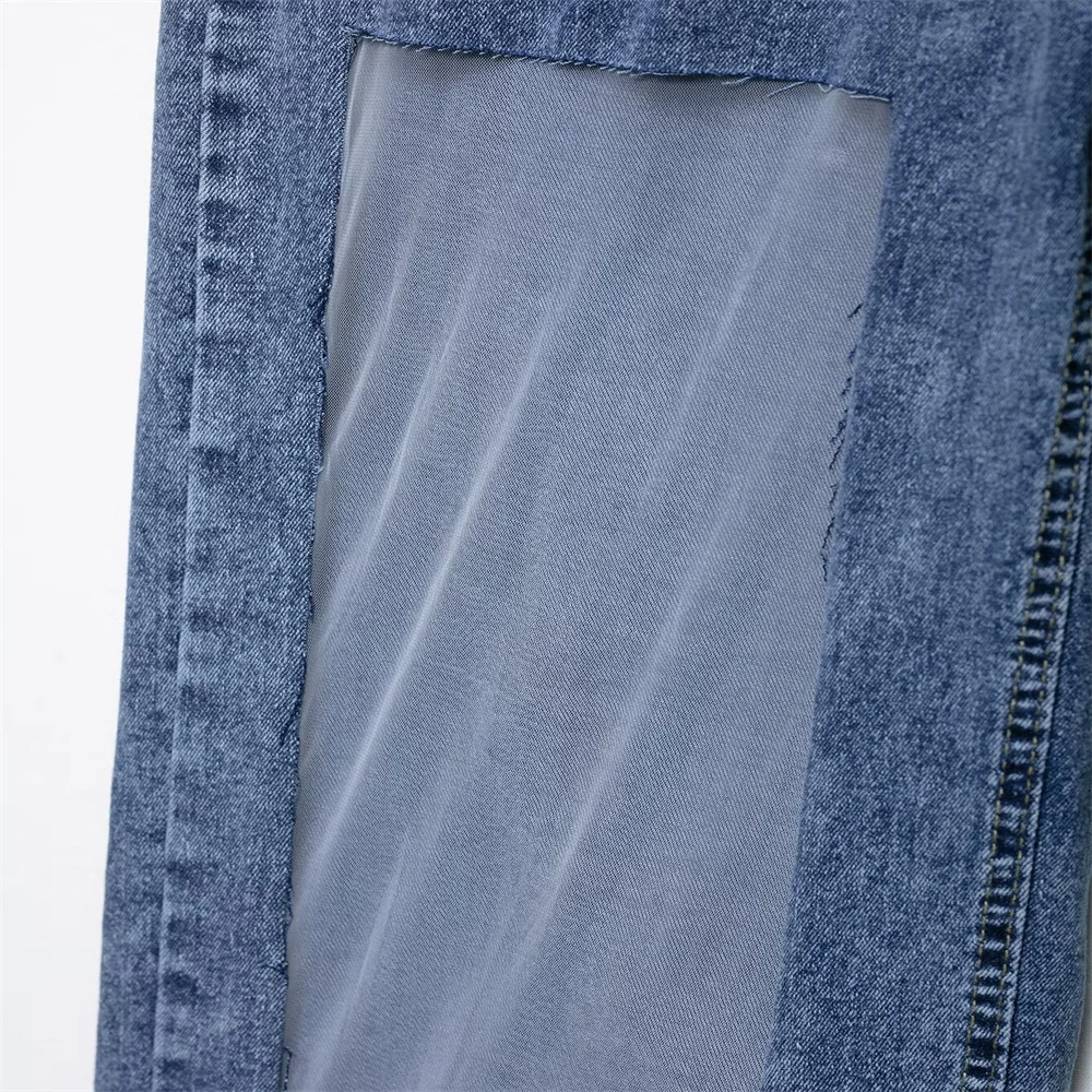 New women's clothing European and American style fashionable simple and versatile mesh splicing high waisted jeans