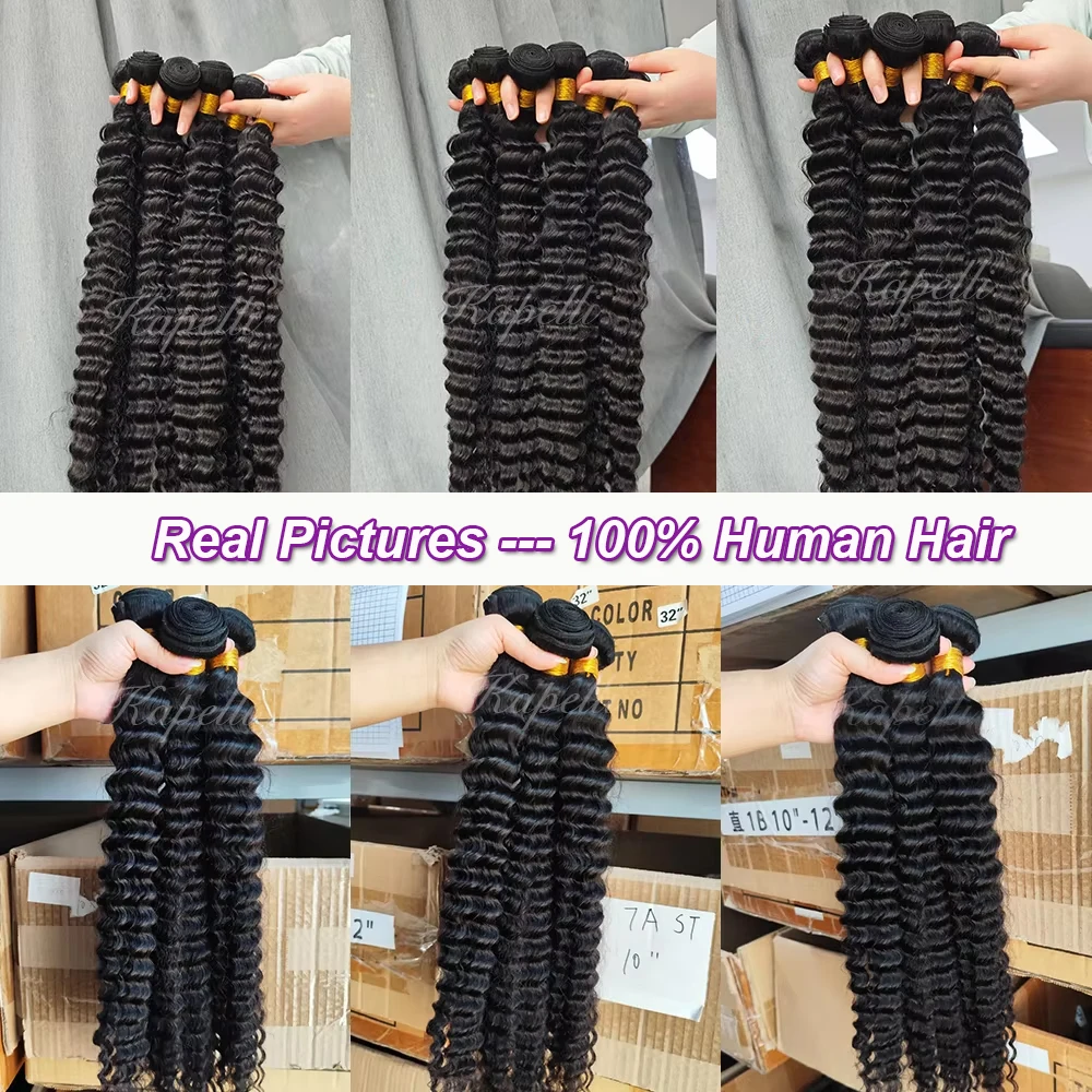 Deep Wave Human Hair Bundles with Closure 24 26 28 inch Deep Curly Bundles Natural Human Hair Brazilian Raw Hair Extensions