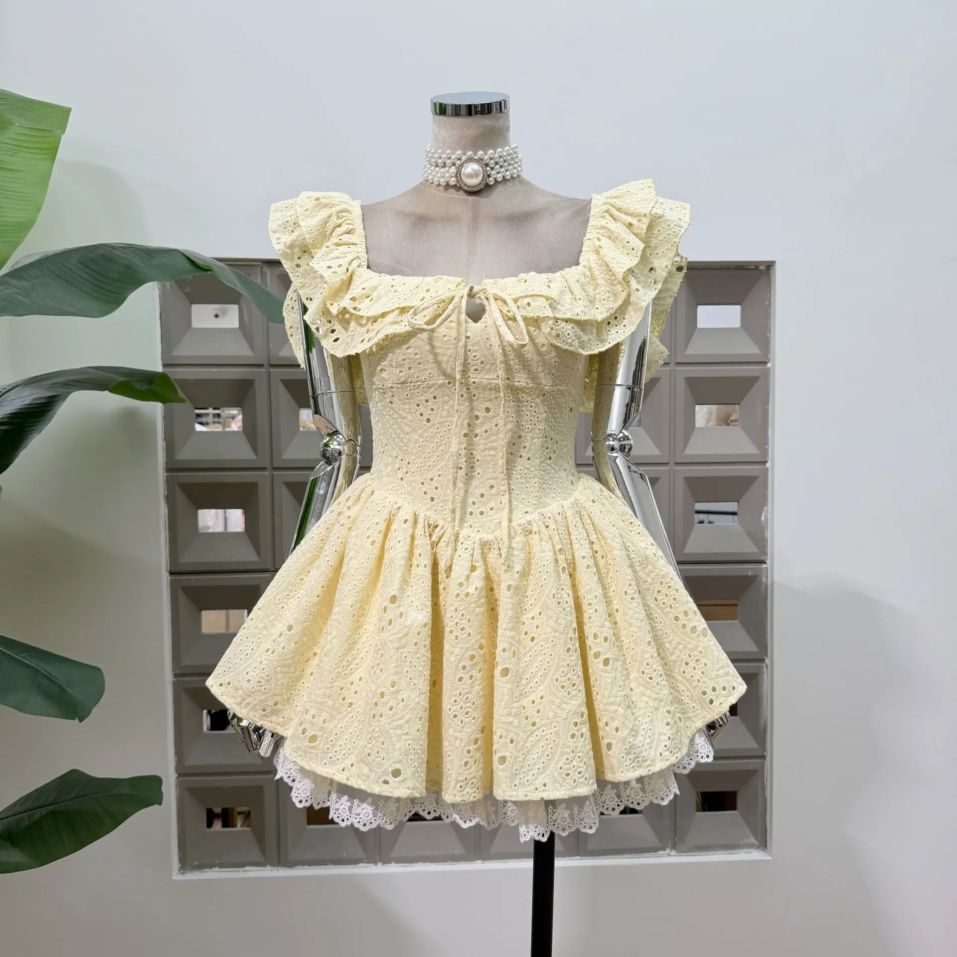 

New Dresses For Women Eyelet Embroidery Corset Dress Ruffle Off Shoulder Tie Waist Summer Party Gowns Outfit With Shorts Vestido