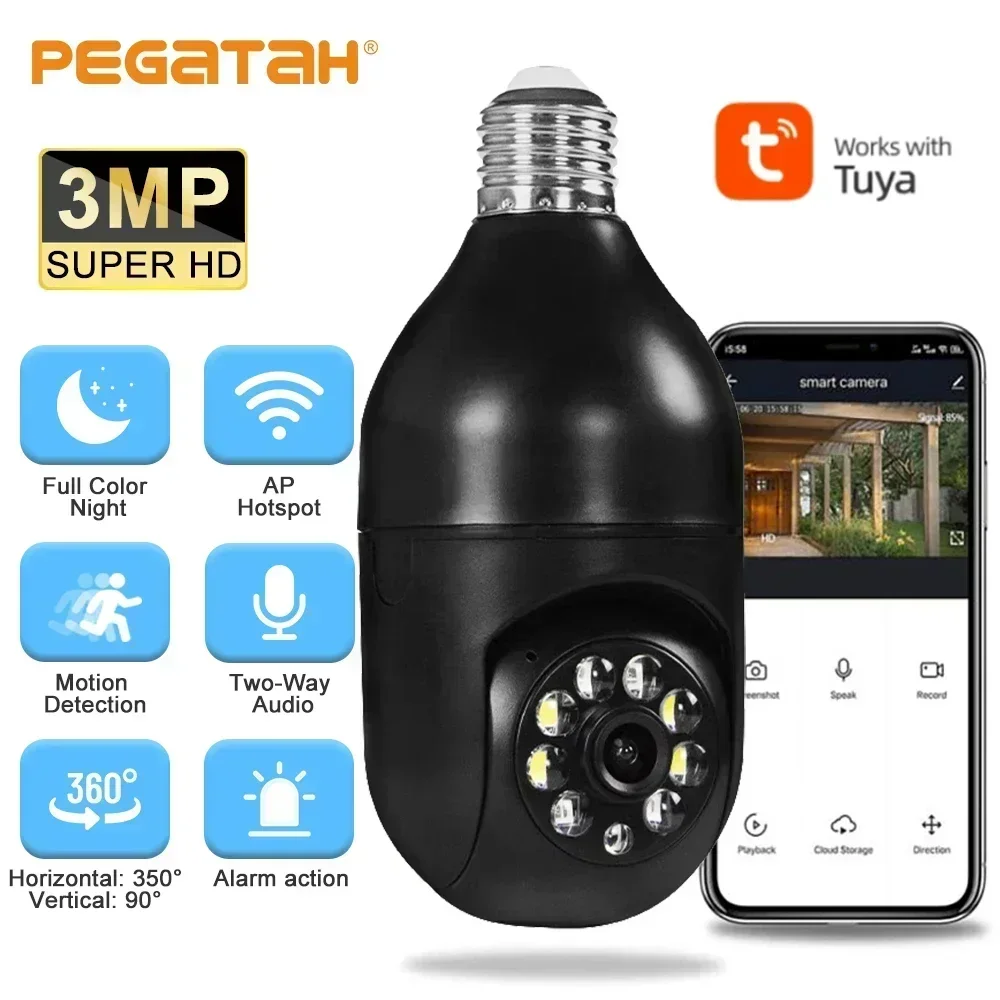 E27 Bulb Camera 3MP 4X Digital Zoom AI Human Motion Detect Full Color Night Vision Surveillance Camera PTZ Control APP TuyaF1