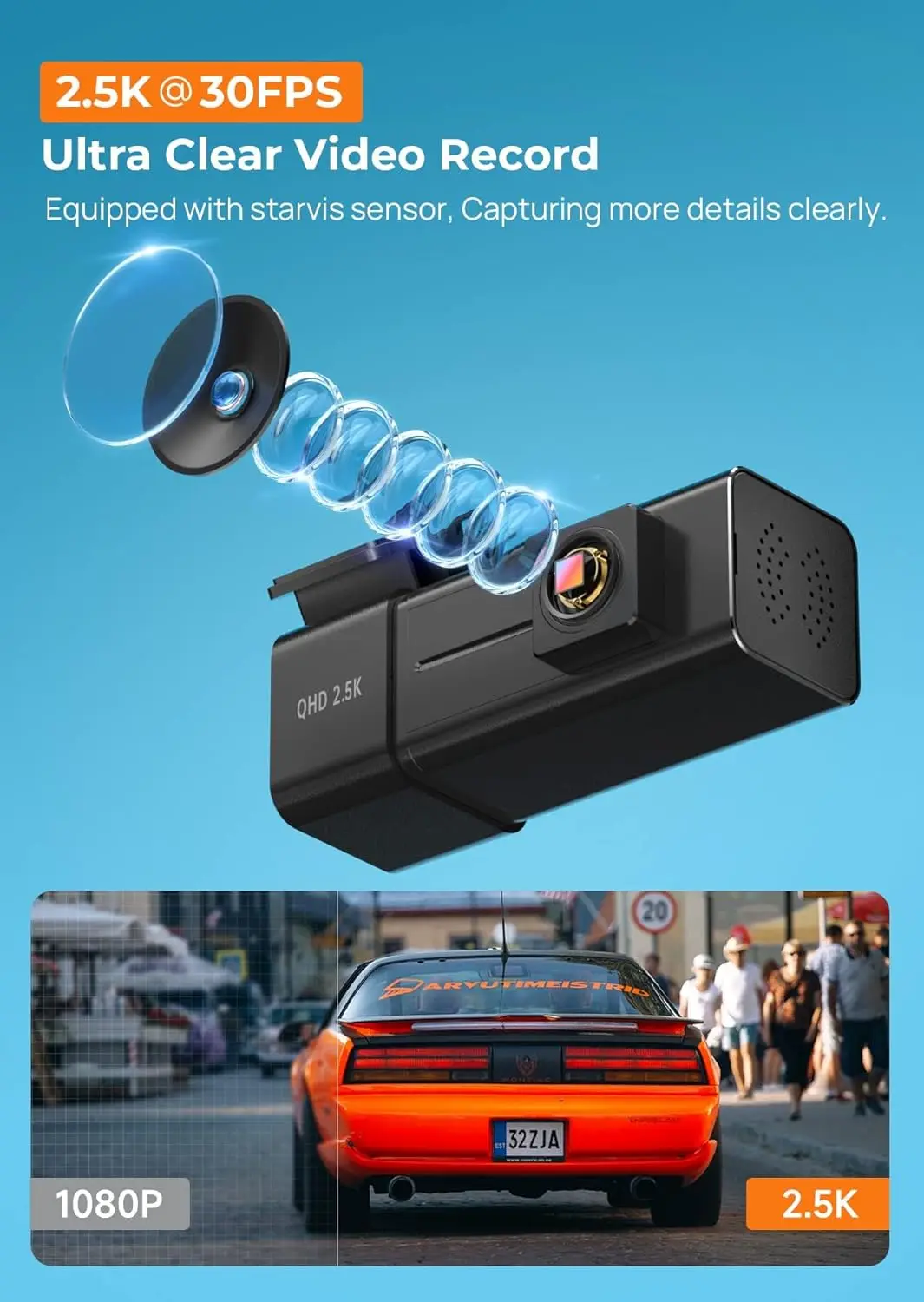 Dashcam WiFi 2,5K con visione notturna, sensore G, registrazione in loop, modalità parcheggio 24 ore, supporto app, SD da 32 GB incluso