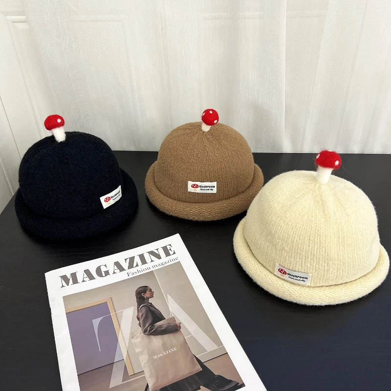 

New Sweet Mushroom Dome Knitted Woolen Hat for Women's Autumn and Winter Fashion Warm and Versatile Beanies
