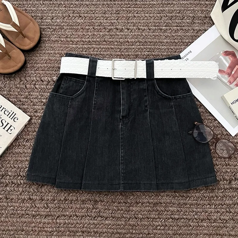 

Korean Fashion Women Black White Denim Sexy Club Pleated Mini Half Skirts Summer Khaki High Waist A-line Short Skirt Streetwear