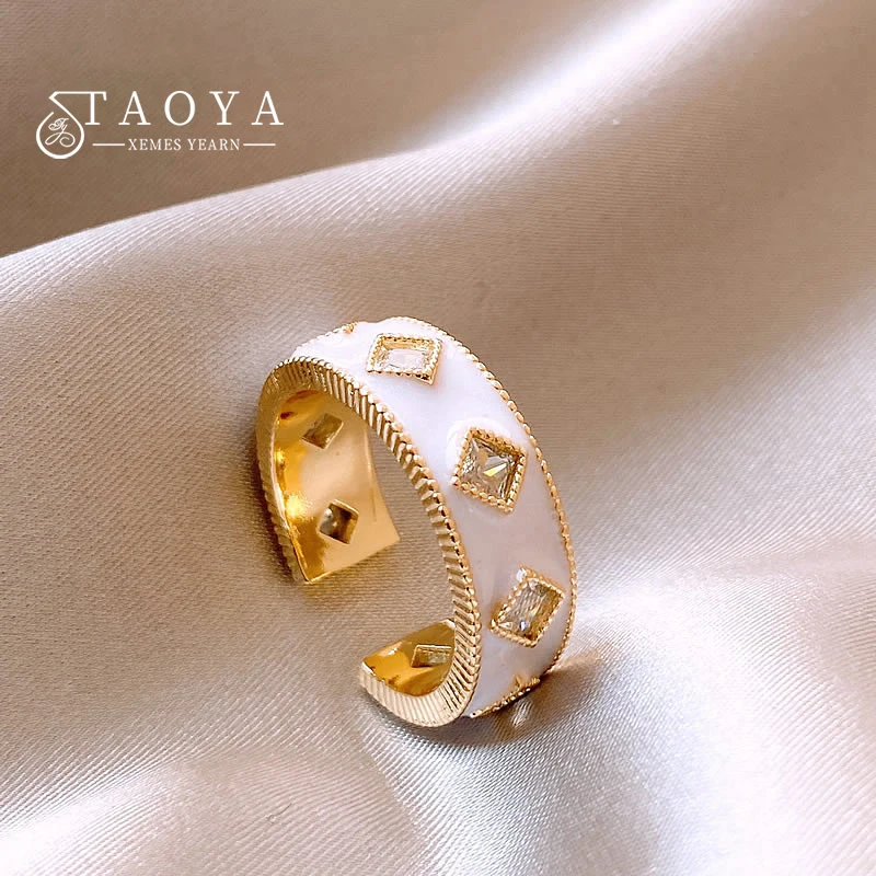 

2024 New Elegant White Enamel Set Zircon Gold Color Open Ring for Women's Fashion Jewelry Wedding Party Luxury Accessories