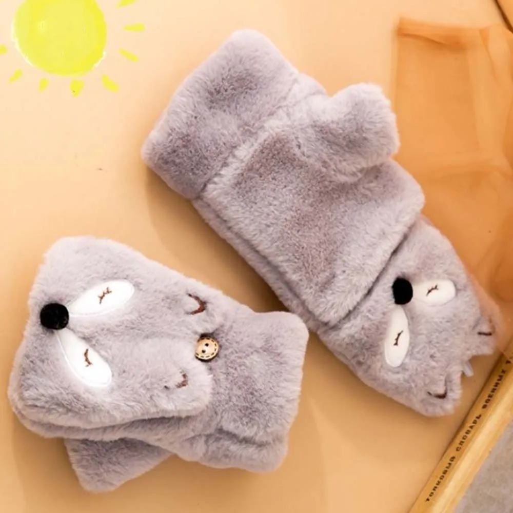 Personality Faux Rabbit Hair Animal Plush Mittens Windproof Soft Flip Gloves Ear Furry Cartoon Anti-cold Mittens Students