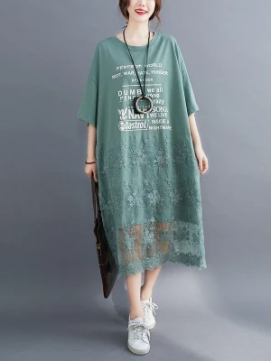 

Street Sle Letter Print Long T-irt Dr Lace Splice ort Sve Midi Dr Summer Collection Casual Comfortable Fit