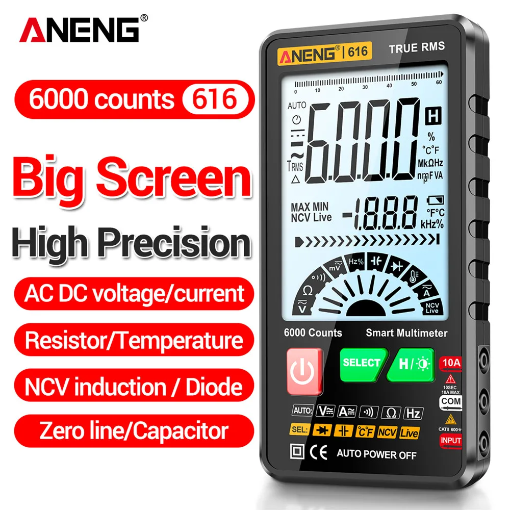 

Цифровой мультиметр ANENG 616, 6000 измерений, тестер напряжения и тока AC/DC, NCV вольтметр, мультиметр, измерение сопротивления и емкости, большой экран