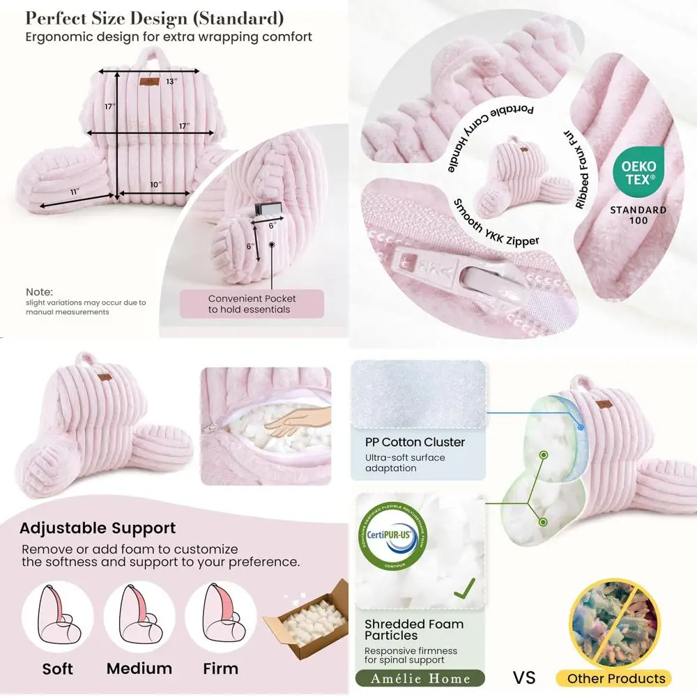 

Light Pink 17 Washable Kids' Faux Fur Bed Reading Pillow with Pocket