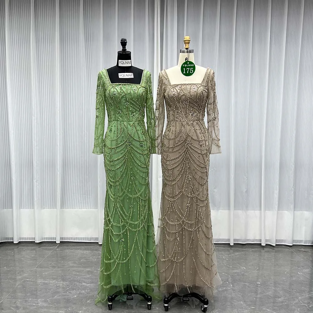 

YQLNNE 0175 Скромный квадратный воротник телесного цвета с кристаллами Вечерние платья с длинными рукавами