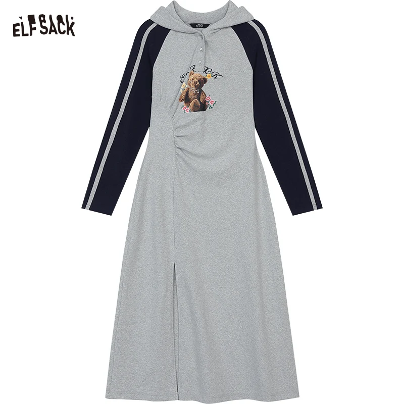 ELFSACK-Robe T-shirt à Manches sulfet Col Rond pour Femme, Vêtement Décontracté, Imprimé Raglan, Gris, Simple, Slim Fit, Nouvelle Collection Printemps 2025