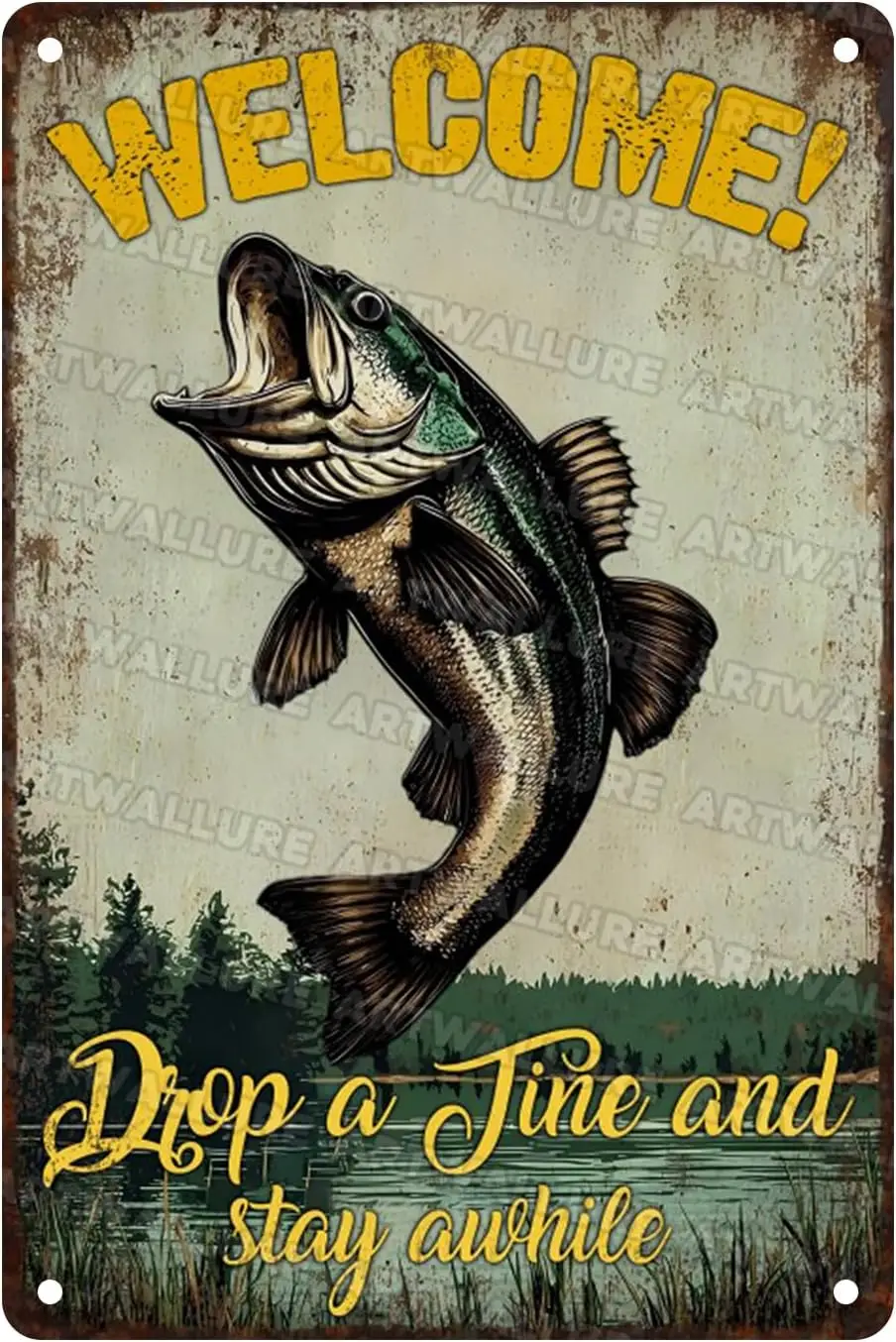 Fishing Vintage Sign Welcome Bass Tin Sign Lakehouse Decor Fathers Day Fisherman Bait Shop Sign Cabin Decor --Tin Sign