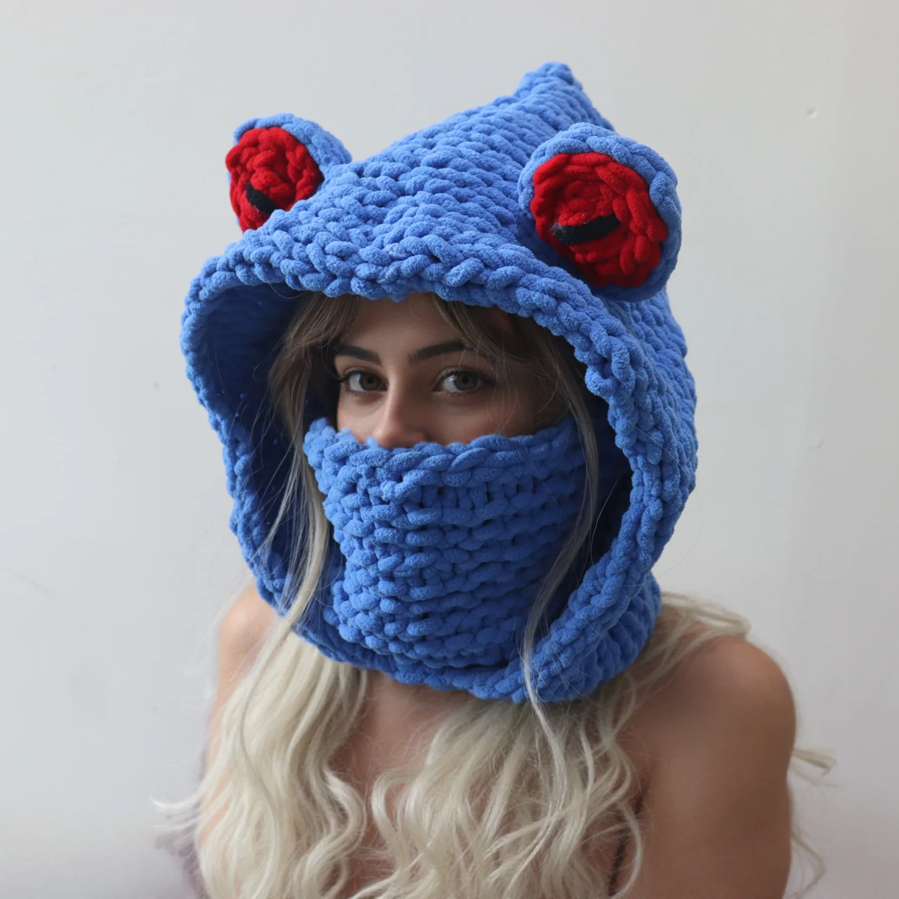 Cute Frog Mask Hooded Cap for Women Winter Sweet Hand-woven Thickened Woolen Warm Knitted Cap Creative Thick Woolen Crochet Cap
