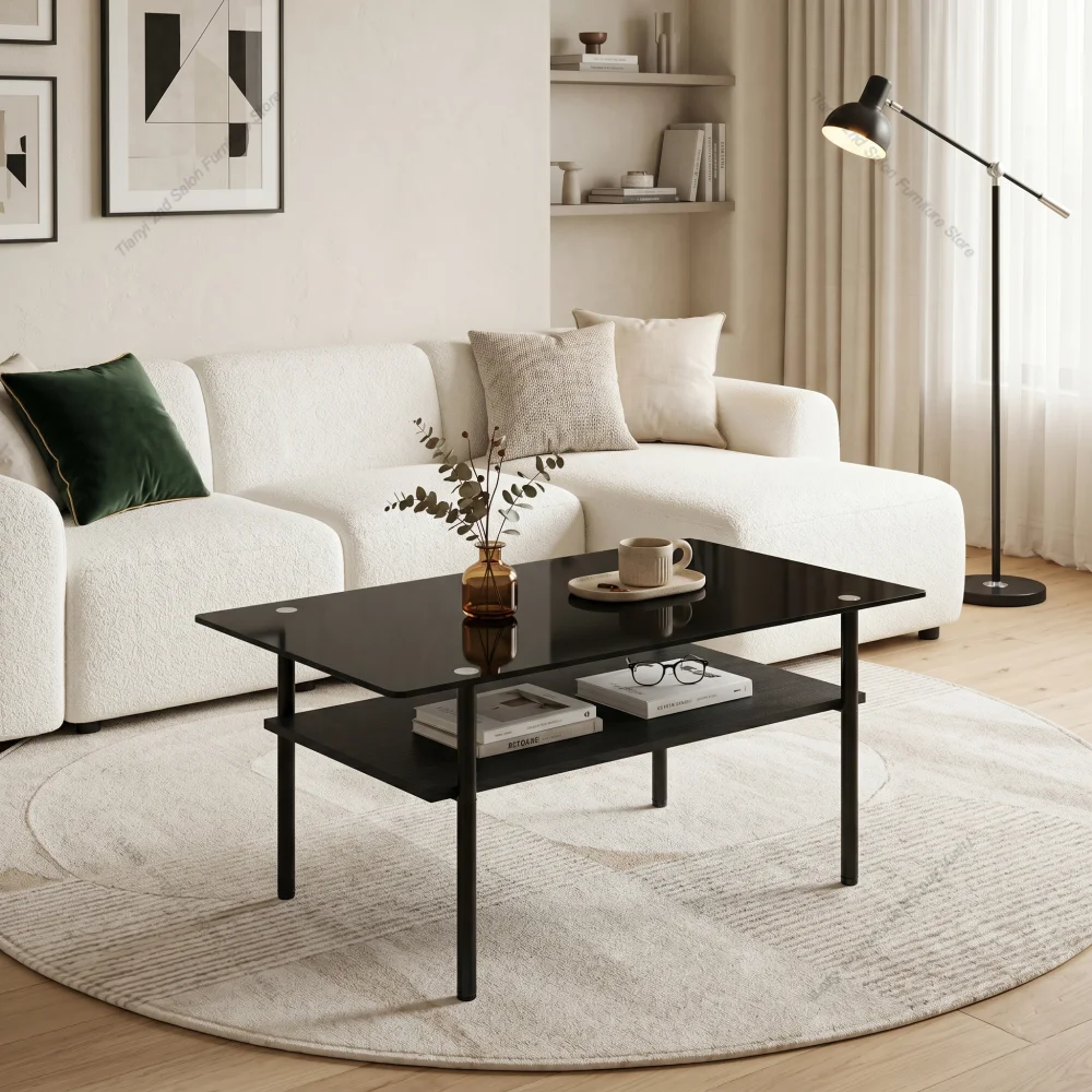 Modern Rectangular Glass Coffee Table Black Tempered Glass Top Black Metal Legs Wooden Storage Shelf Easy-Clean Center Table