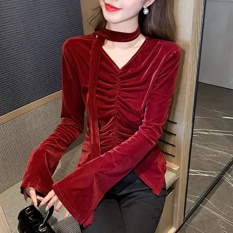 Chemises et chemisiers noirs à col en V pour femmes, Vintage, moderne, nouveau, élégant et jeunesse, haute qualité, manches longues, luxe, meilleure vente, 2025