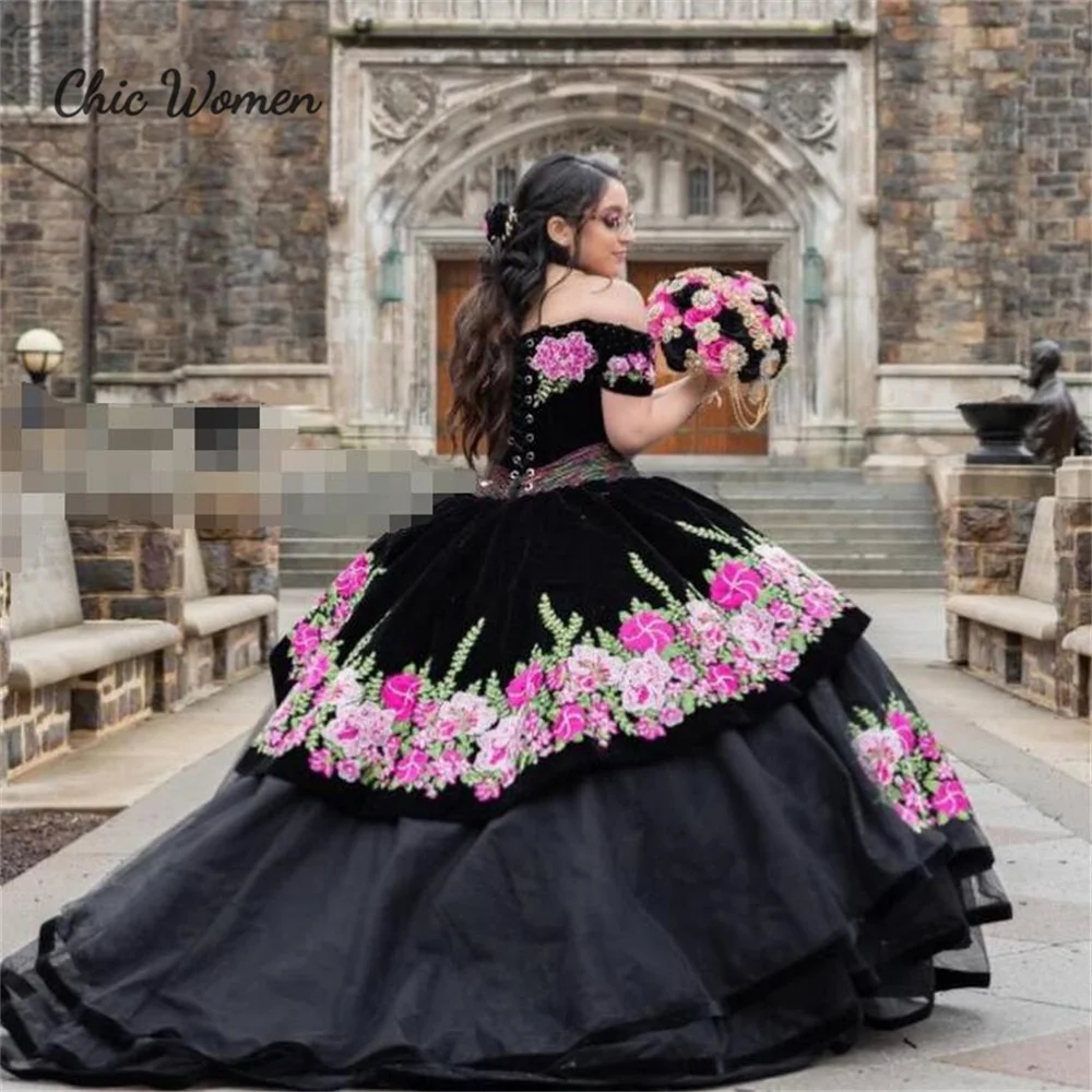 Black Floral Quinceanera Dresses Mexican Off Shoulders Charro Fifteen Birthday Dress Vestido Para 15 Años Vintage Customized