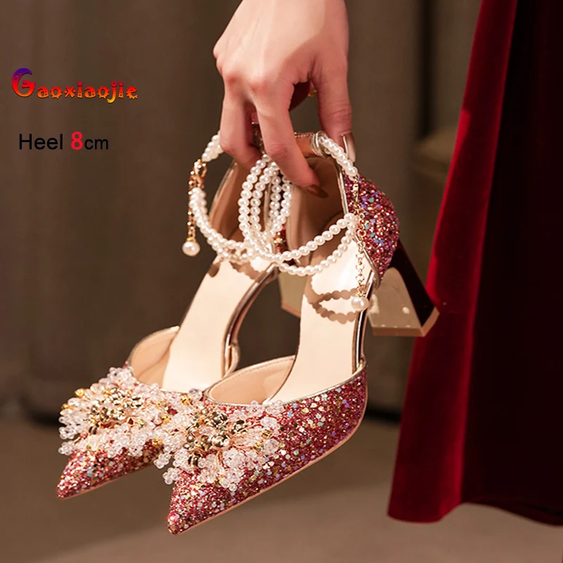 

Новые женские туфли-лодочки для свадьбы 2026 года, новые летние вечерние босоножки с пайетками, жемчужной цепочкой, роскошными стразами, кристаллами и бантом, на высоком каблуке 6 см, 8 см