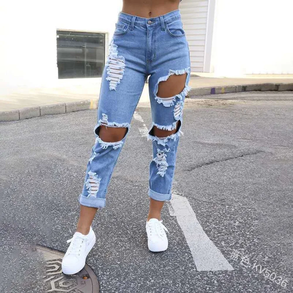 Women's Jeans Slim Fit Straight Hole Casual Street Fashion Personality Autumn New Item