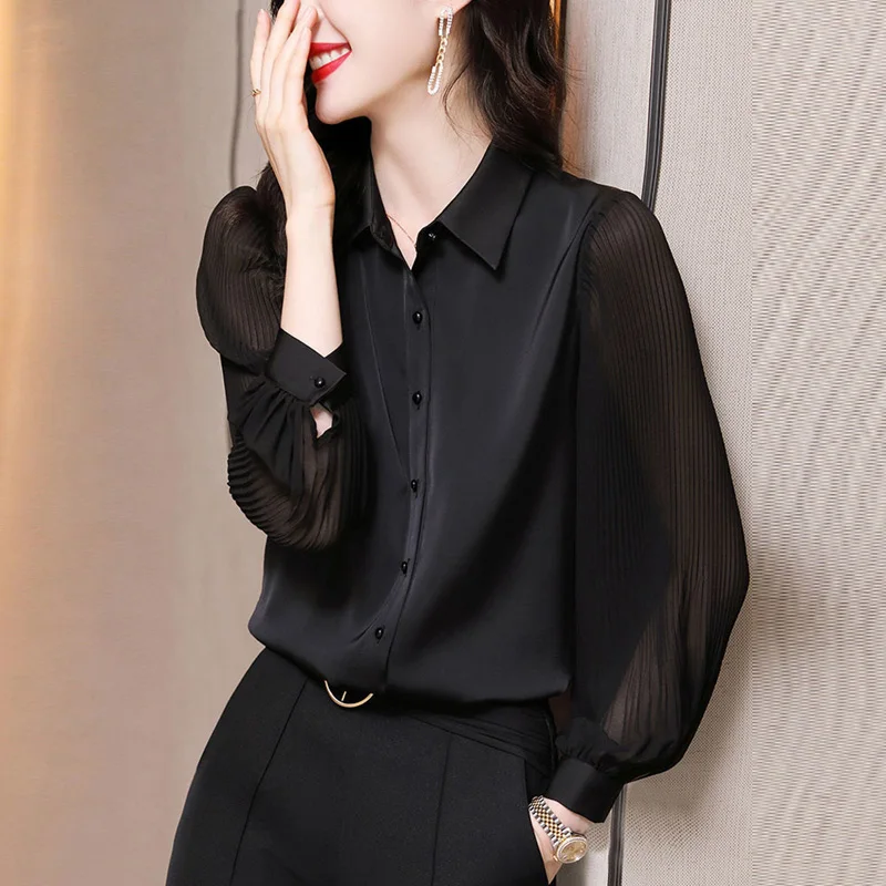 

Elegant Chiffon Button Lantern Sleeve Folds Shirt Fashion Woman Blouses 2024 Spring Summer Solid Color Office Lady Blouses