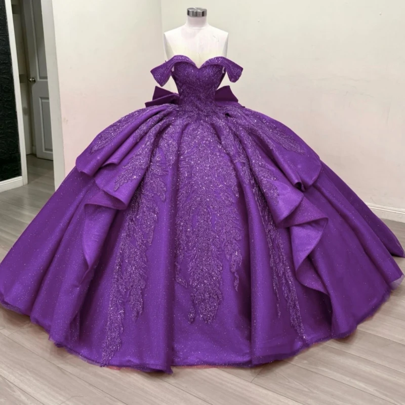 

Purple Shiny Quinceanera Dresses Off The Shoulder Applique Lace Beading Crystal Bow Corset Party Birthday Sweet 16 Dres Vestidos