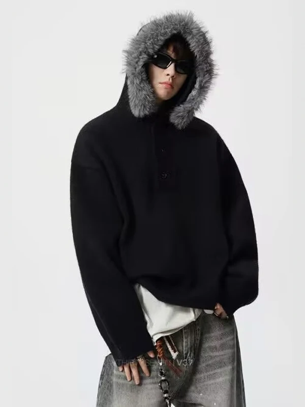 

Мужская толстовка в американском ретро-стиле с отстегивающимся меховым воротником, осенне-зимний утепленный вязаный свитер, повседневный, для работы, простой, стильный