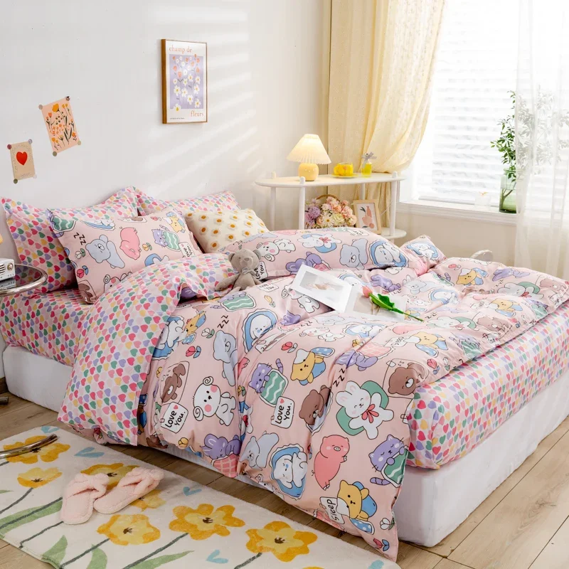 Cute Bear Bedding Set Girls Boys Kids Single Double Size Flat Sheet Duvet Cover Pillowcase Bed Linens White Blue Home Textile