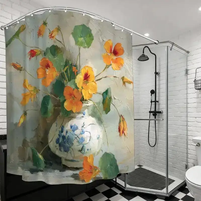 Impasto Floral Shower Curtain – Nasturtium in Blue-White Vase, Oil-Paint Texture, 12 Hooks, 70.87×70.87
