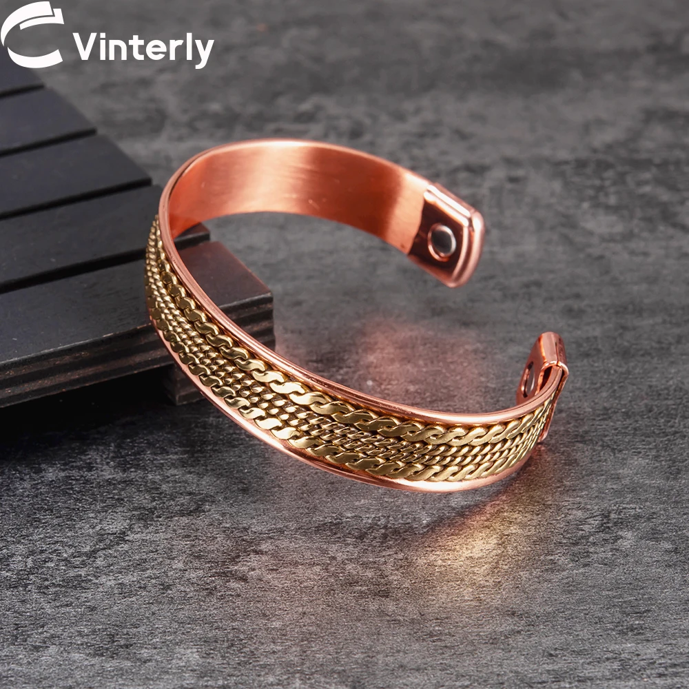 Vinterly Pure Copper Magnetic Bracelets Men Women Adjustable Cuff Twisted Bangles 12mm Wide Health High Magnet Jewelry Resizable