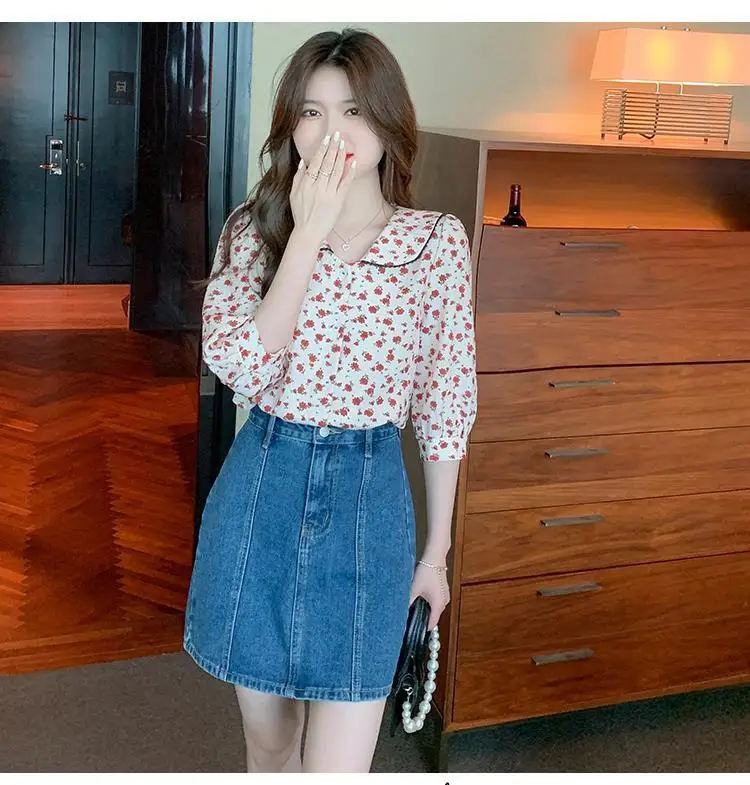 Cropped Sleeves Retro Floral เสื้อชีฟองผู้หญิงใหม่ตุ๊กตาคอหลวมและ Slim Temperament