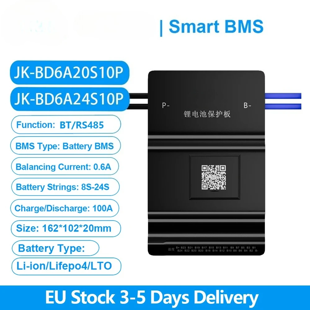 

JK BMS BD6A24S10P Smart BMS 8S~24S with RS485 BT 0.6A 12A-24V Active Balance BMS for LiFePo4 Li-ion LTO Battery Pack 100A JKBMS