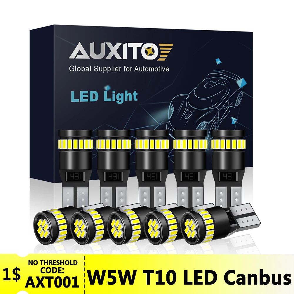 

AUXITO 10Pcs Canbus W5W LED T10 Super Bright White 6000K DC12V Car Parking Light Interior Lamp 194 168 Bulb 3014SMD Error Free