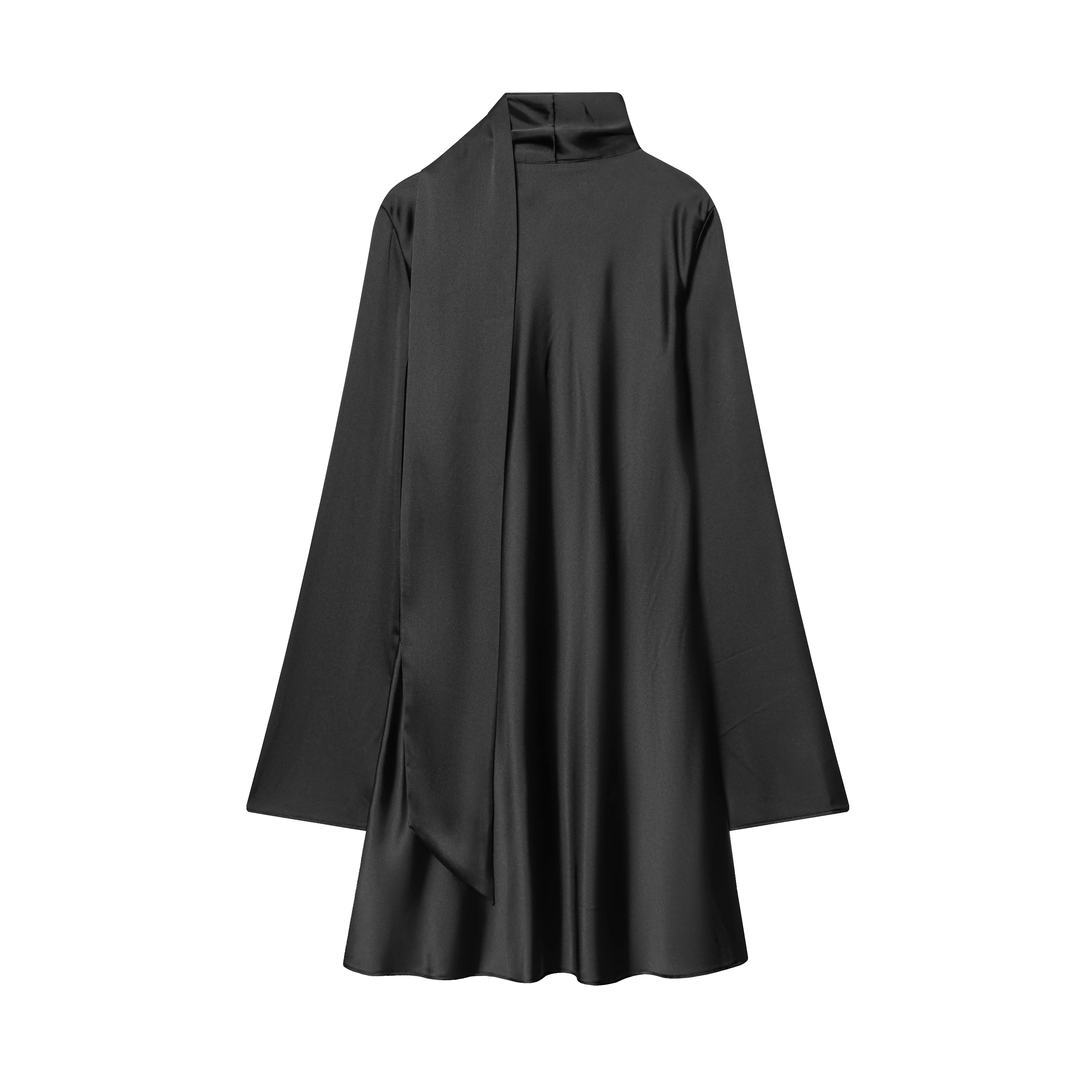 BSAY فستان ستان بني ملابس نسائية 2025 خريف جديد وشاح الديكور الفرنسية أنيقة الخامس الرقبة طويلة الأكمام ألف خط فساتين صغيرة #5