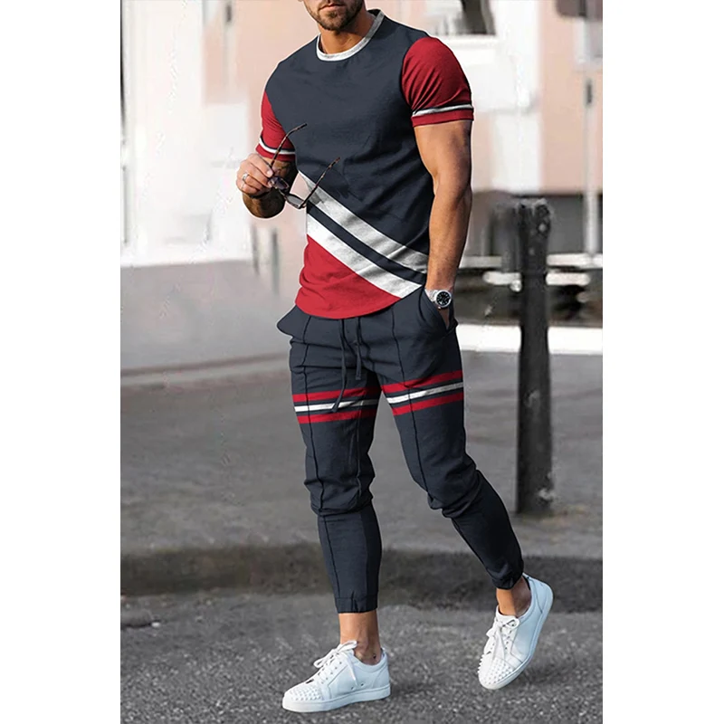 Summer Autumn Fashion Harajuku Men's Two-piece Set All Match Short Sleeve T-shirts and Long Pants Suit Casual Print Male Clothes