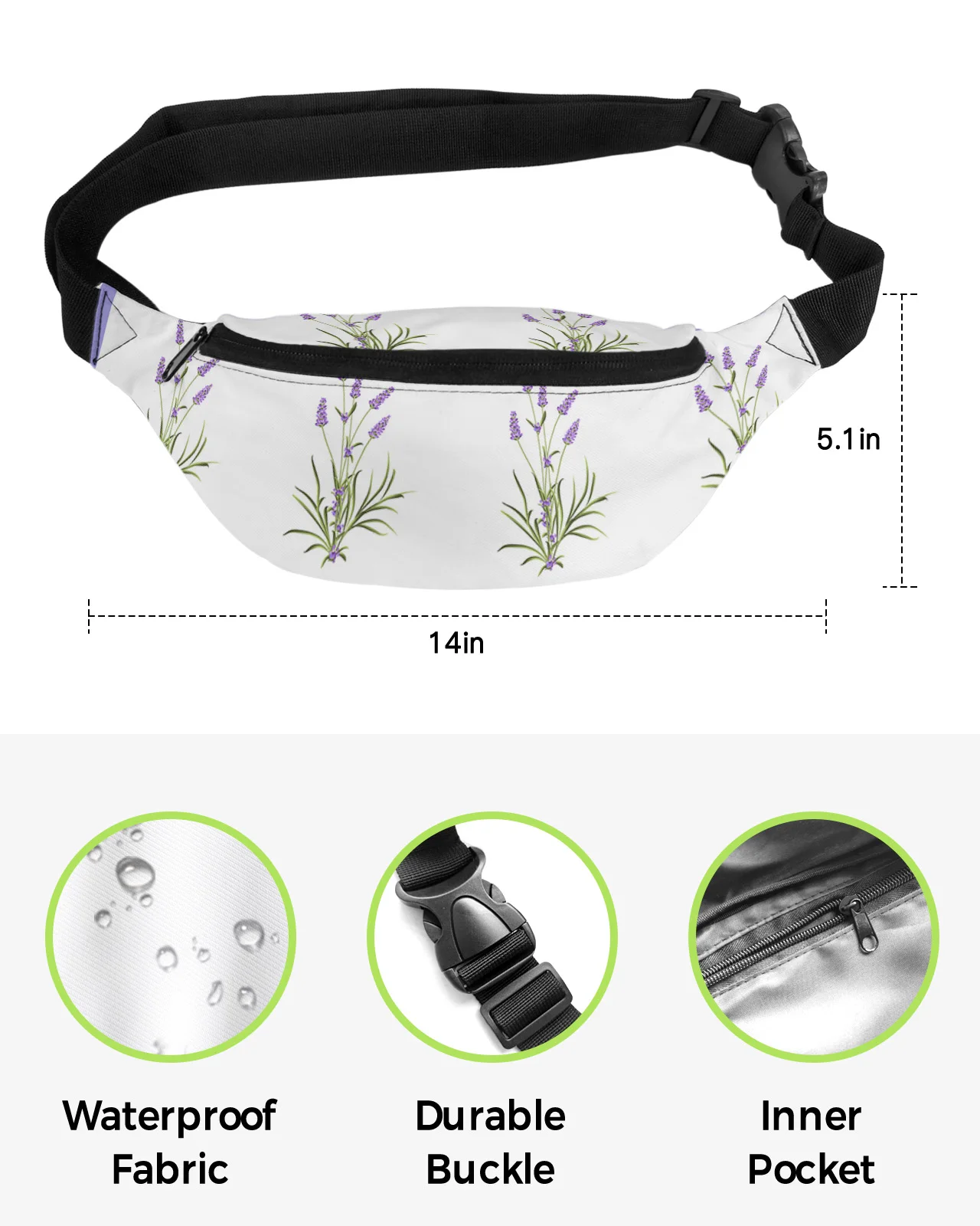 Purple Flower Lavender Romance Waist Bag Women Men Belt Bags Large Capacity Waist Pack Unisex Crossbody Chest Bag