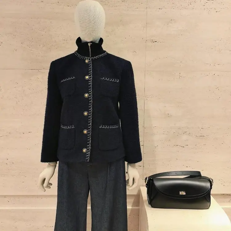 

Removable Collar Tweed Jaet for Women Golden Button Color Blo Line Straight Cut ort Outerwear French Sle Long Sve