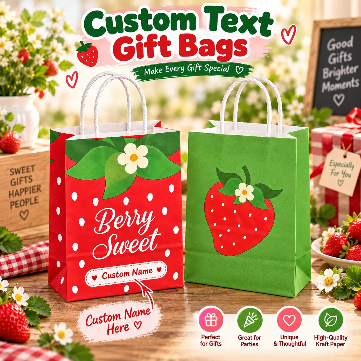 Personalisierte Kraft-Geschenktüten im Erdbeer-Stil, dicke Papiertüten mit individuellem Textmuster, Handtasche, feste Größe, süße Party-Geschenke