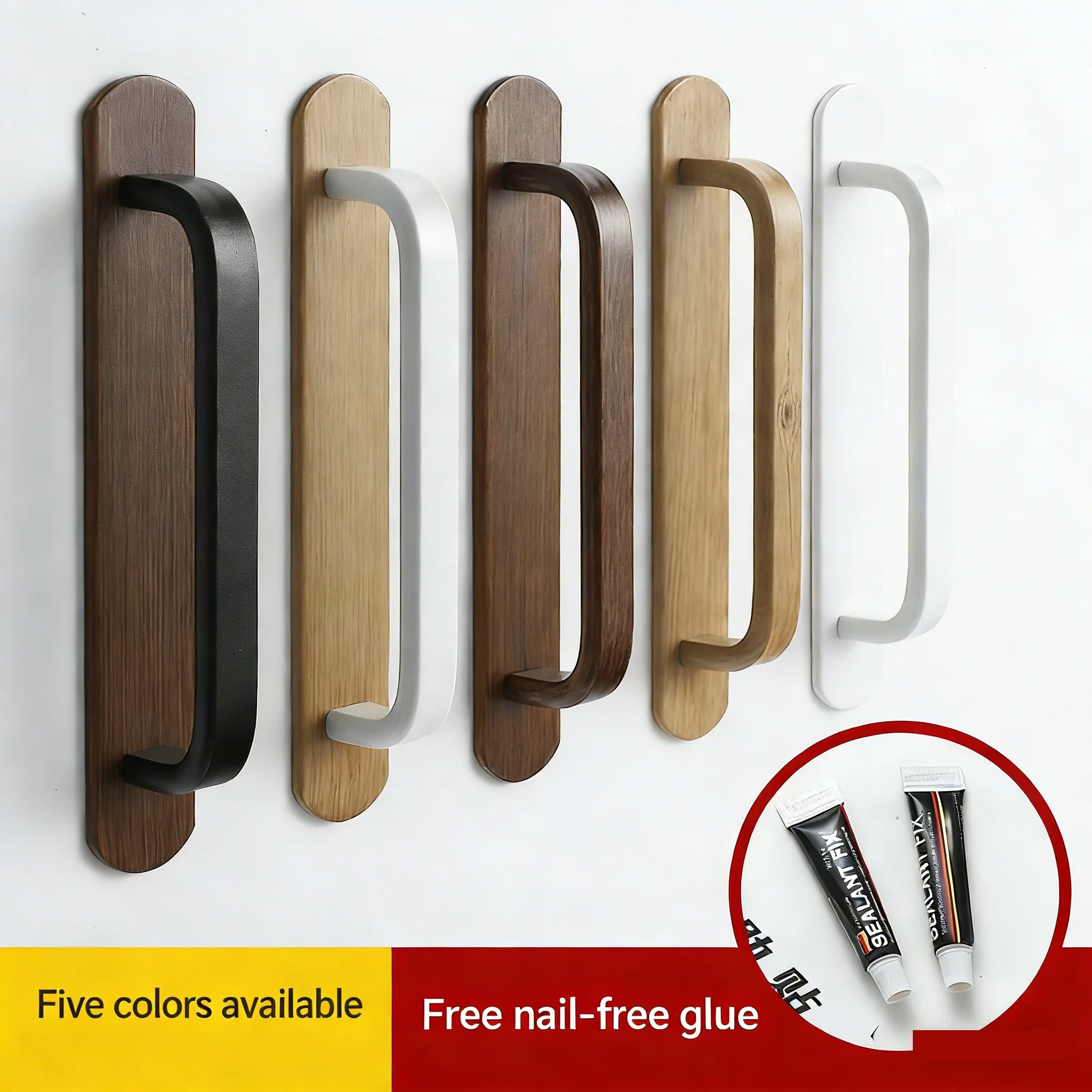 

2pcs No Drill Self Adhesive Door Handle Peach Wood Color Cabinet Knob Punch-Free Pull Handle for Wooden Glass Door Cupboard