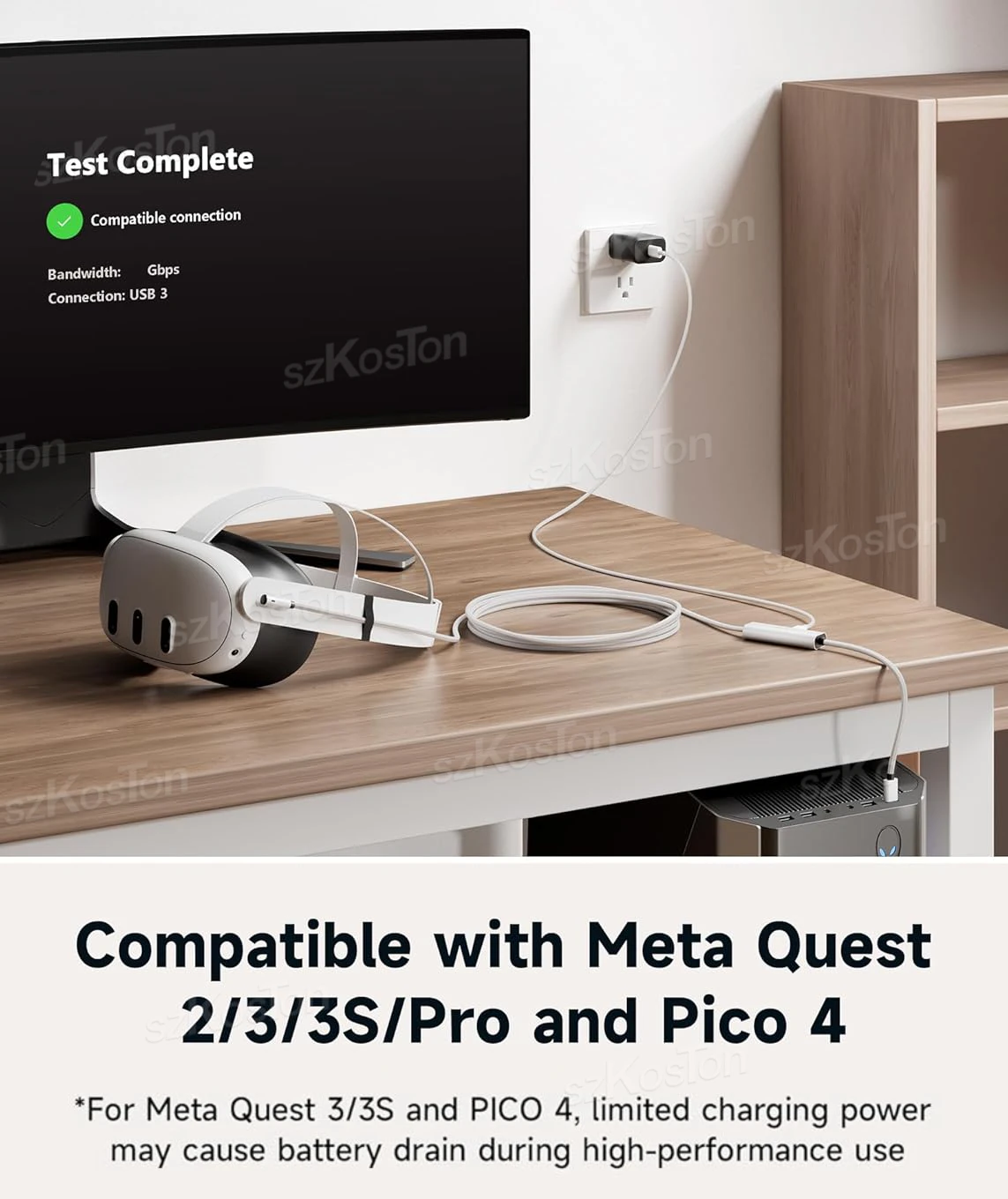 كابل ربط VR للشحن السريع بطول 16 قدم مع سلك USB3.0 منفذ شحن إضافي لملحقات Meta Quest 3/3S/ Quest2 Pico4 SteamVR